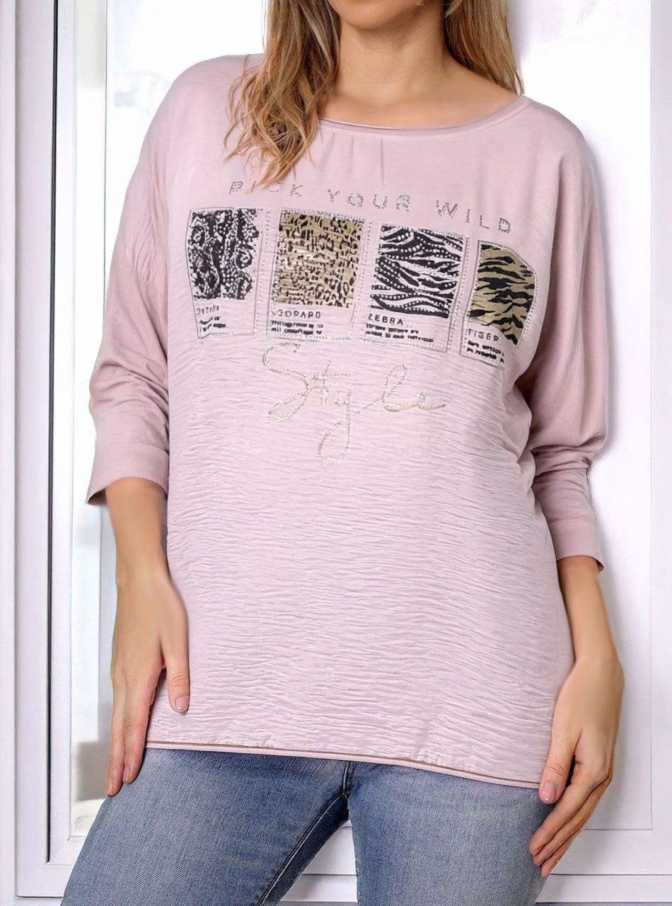 Strasszos, mintás-feliratos felső (púder)