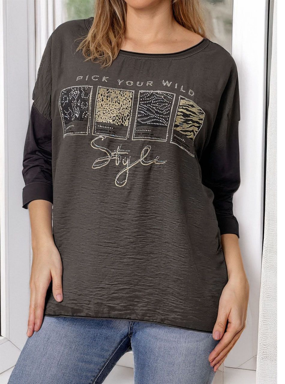 Strasszos, mintás-feliratos felső (csokibarna)