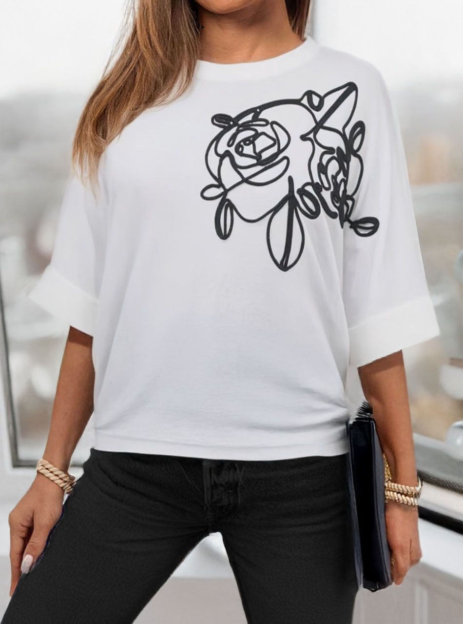 Finom kötésű, hímzett mintás laza felső (krémfehér)