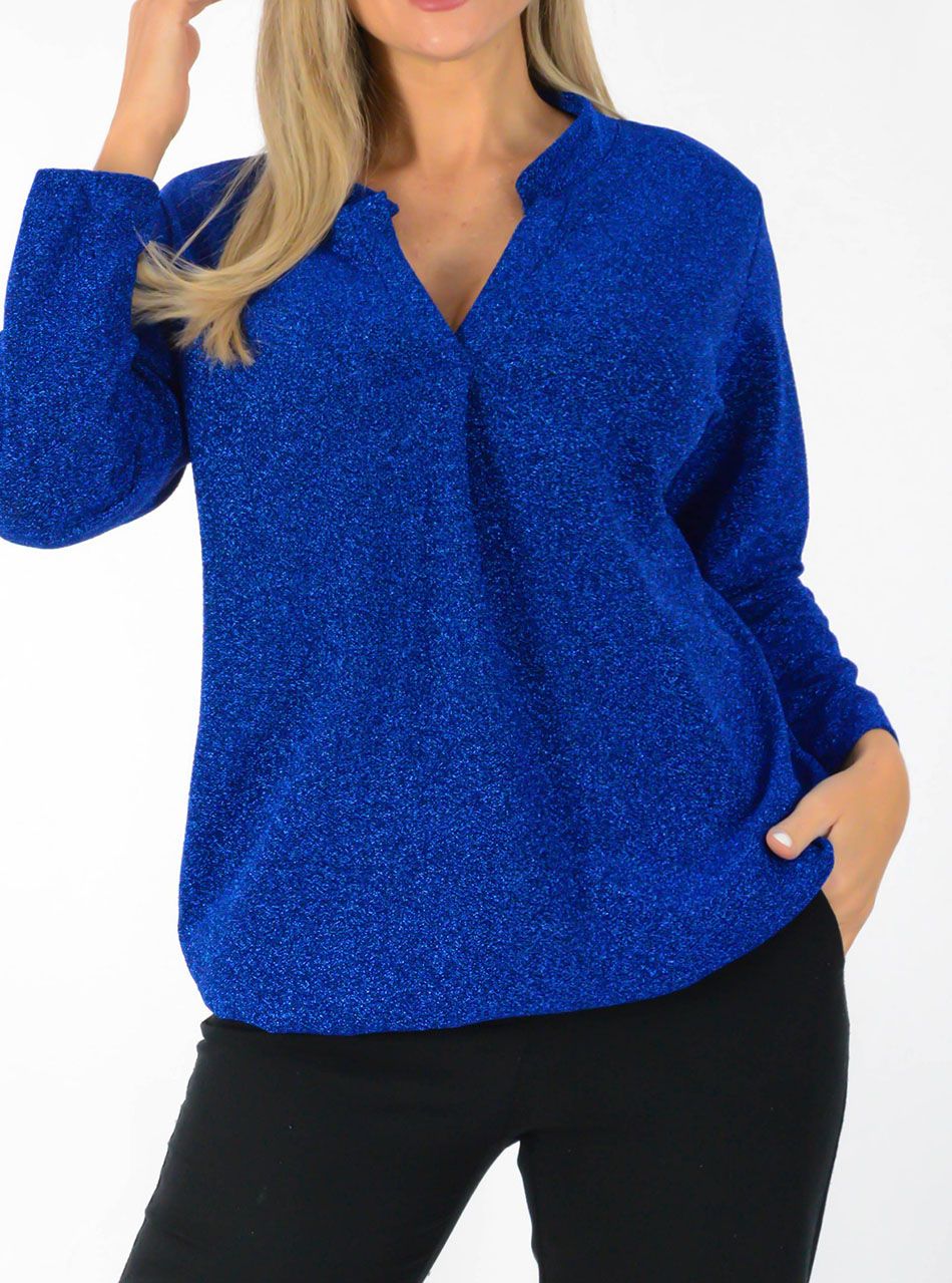 YesStory V nyakú, lurexes gumis aljú felső (királykék)