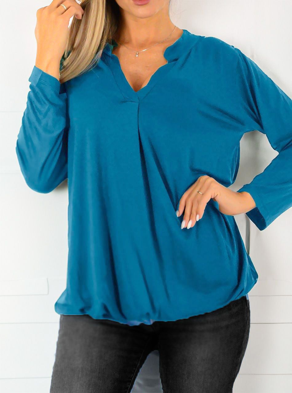 V nyakú, gumis aljú felső (petrol)