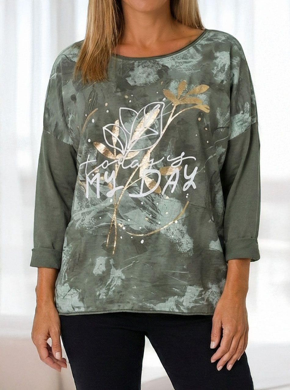 Mintás, feliratos laza felső (kheki)