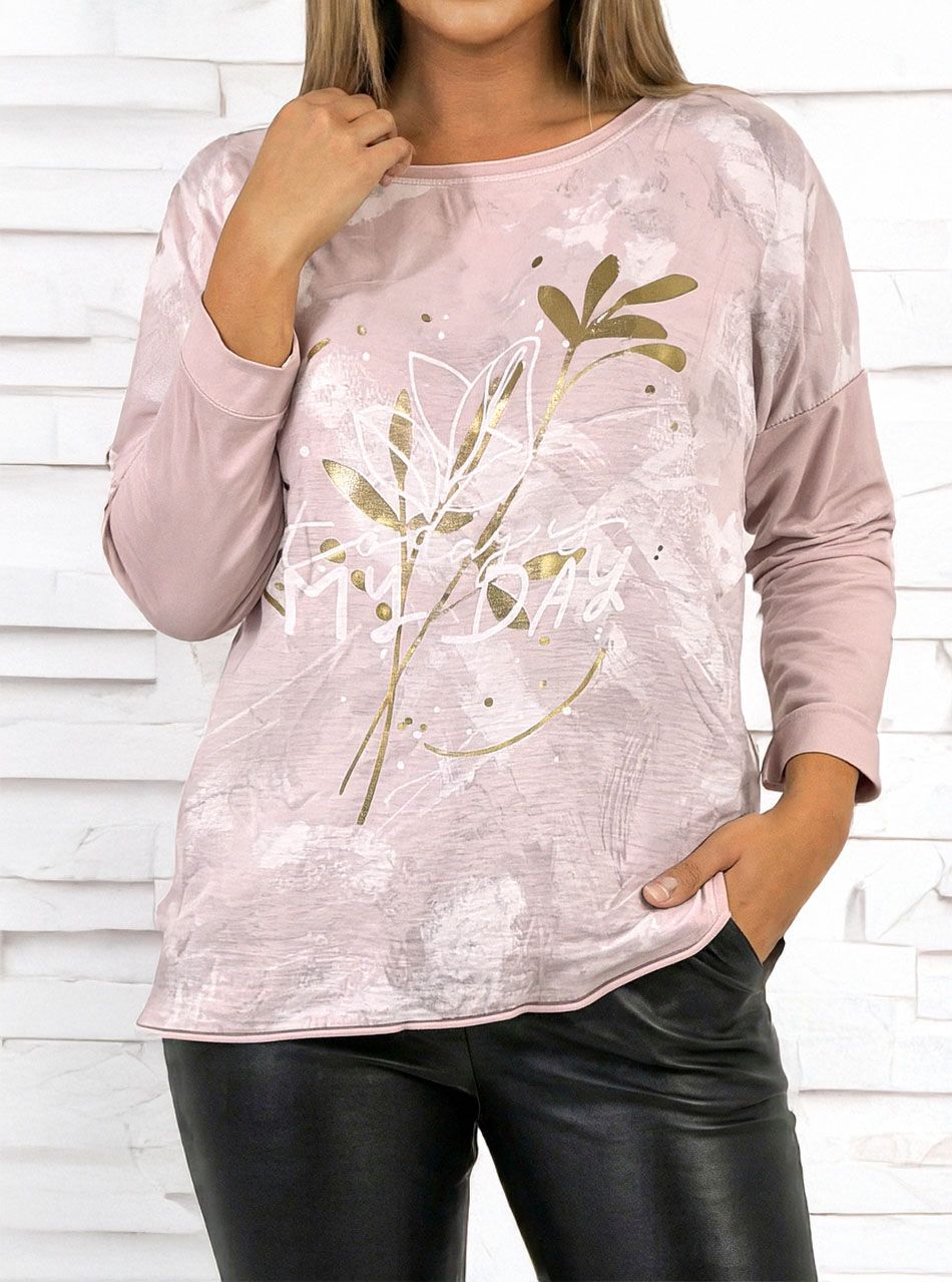 Mintás, feliratos laza felső (púder)