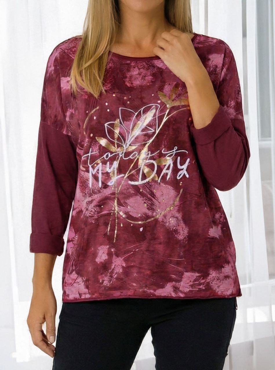 Mintás, feliratos laza felső (bordó)