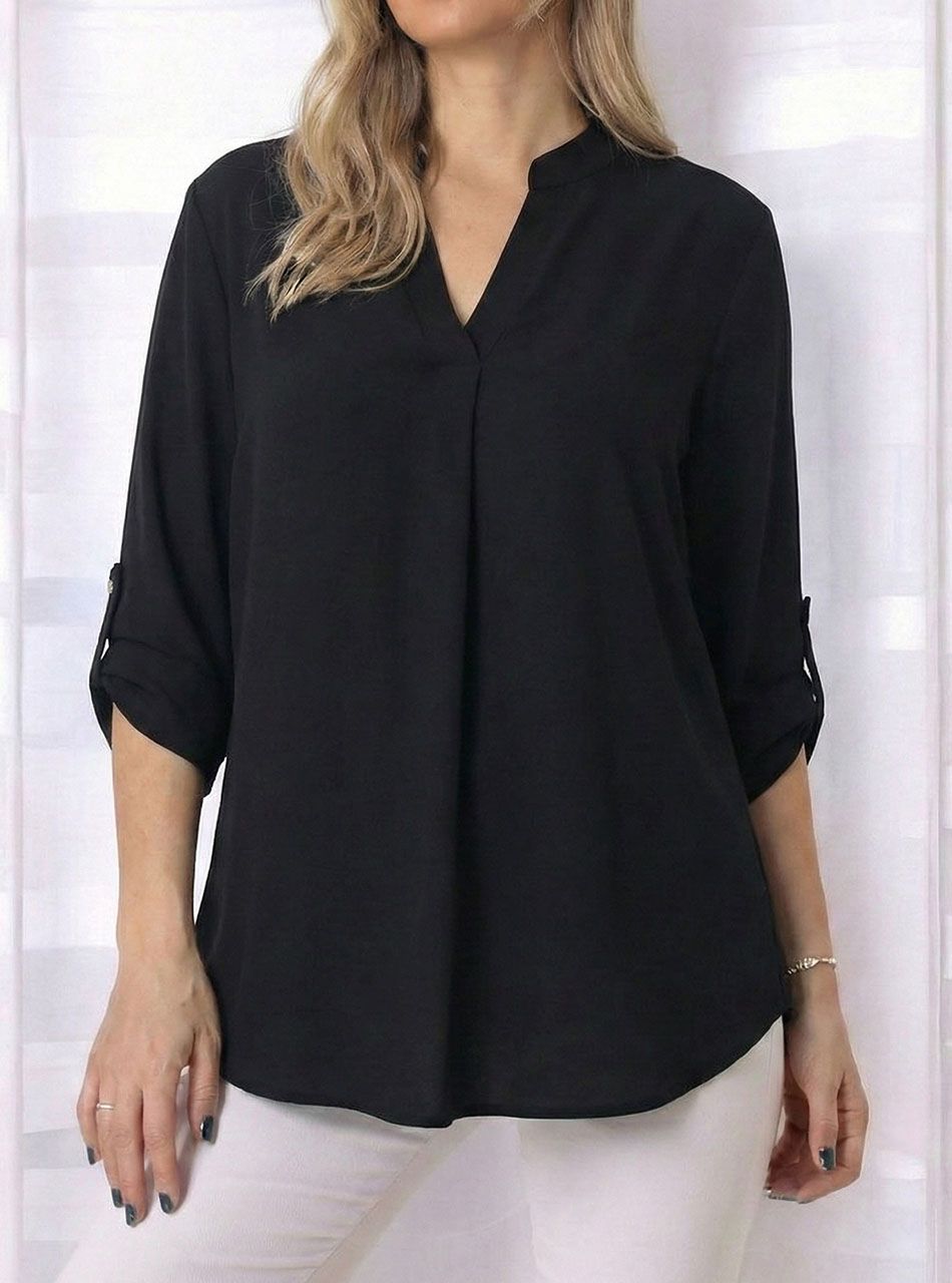 Felgombolhatú ujjú, V kivágású  felső (fekete)