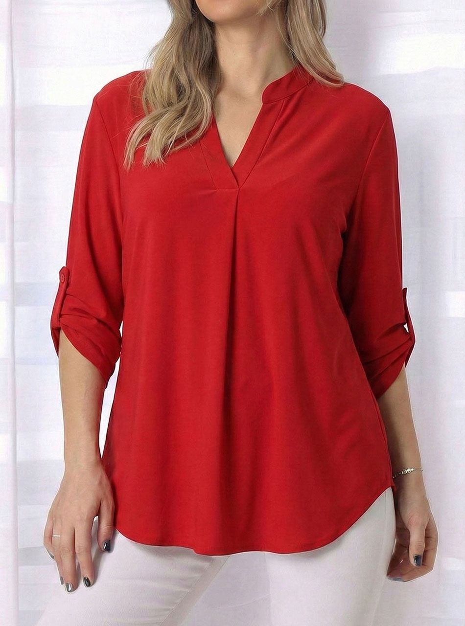 Felgombolhatú ujjú, V kivágású  felső (piros)