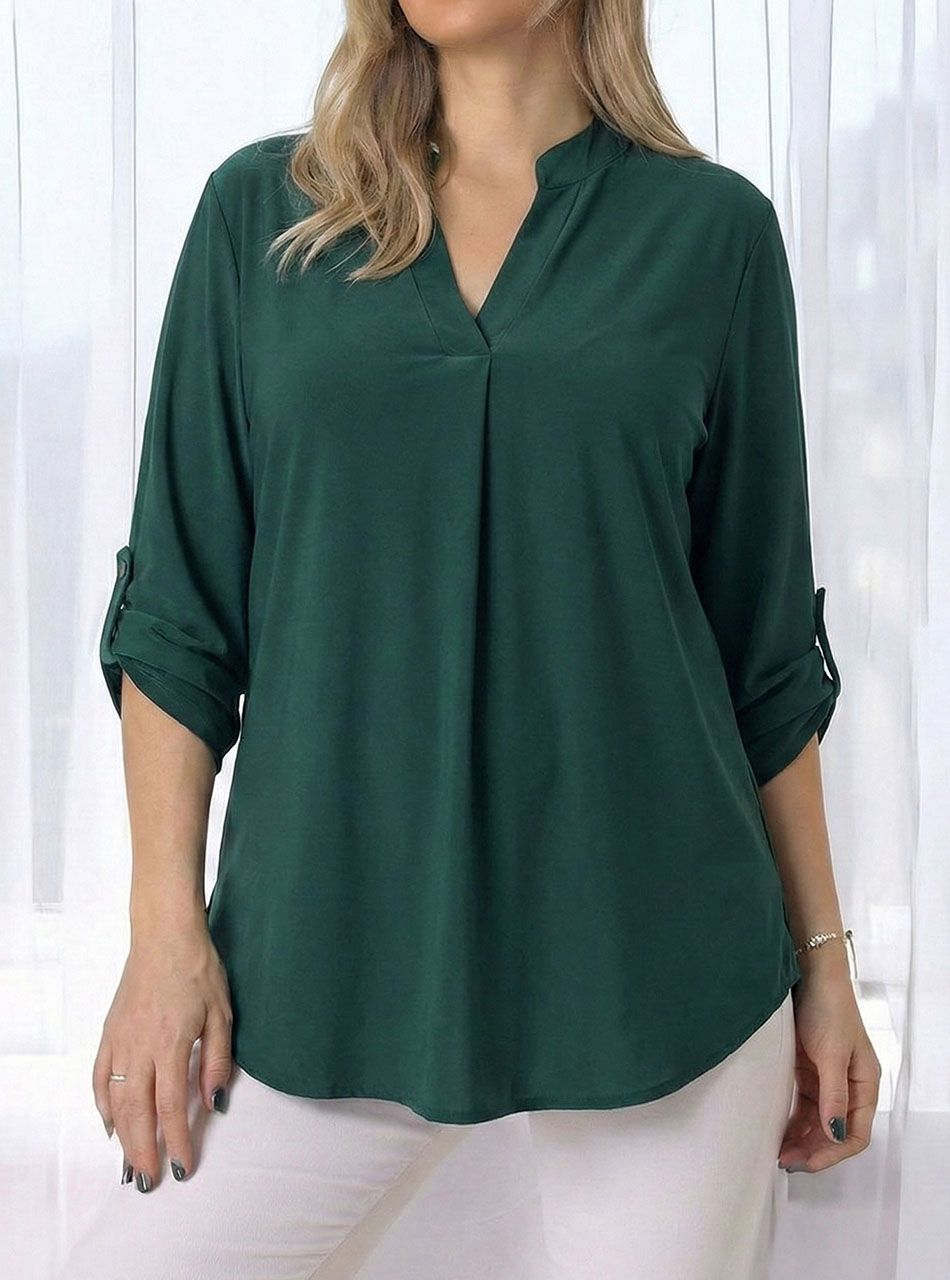 Felgombolhatú ujjú, V kivágású  felső (sötétzöld)