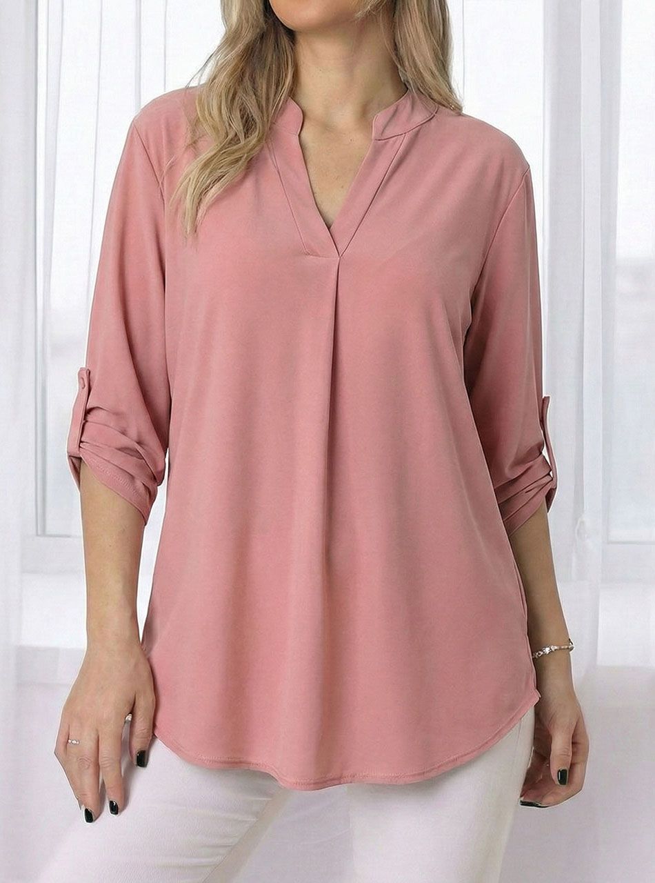 Felgombolhatú ujjú, V kivágású  felső (púder)