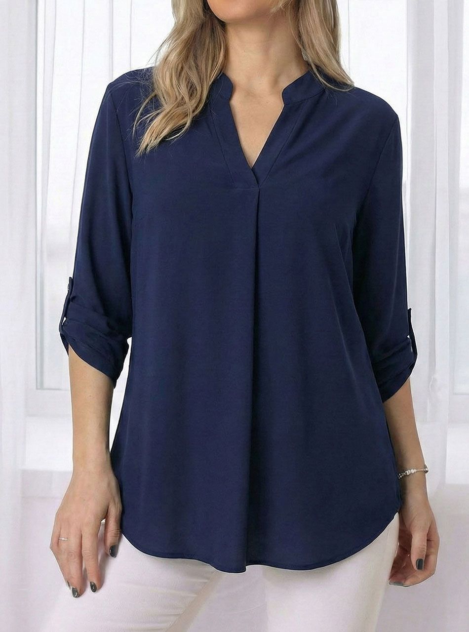 Felgombolhatú ujjú, V kivágású  felső (sötétkék)