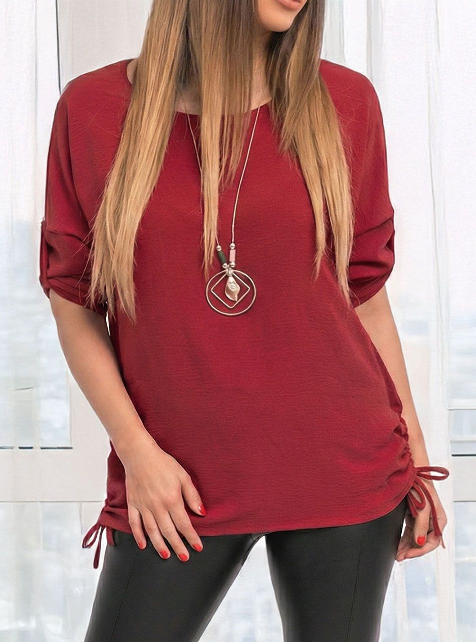 Kétoldalt húzható, felgombolható ujjú felső nyaklánccal (bordó)