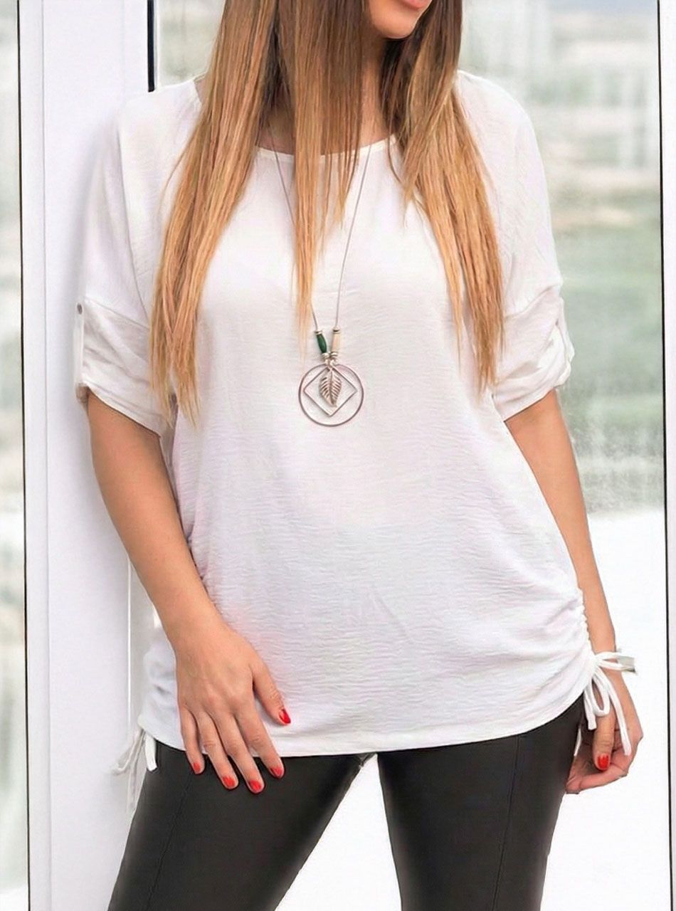 Kétoldalt húzható, felgombolható ujjú felső nyaklánccal (fehér)