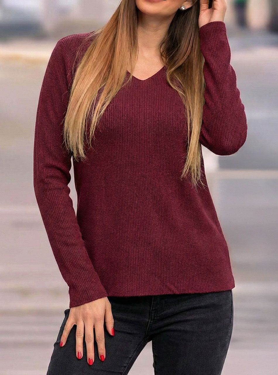 V nyakú, egyszínű puha felső (bordó)