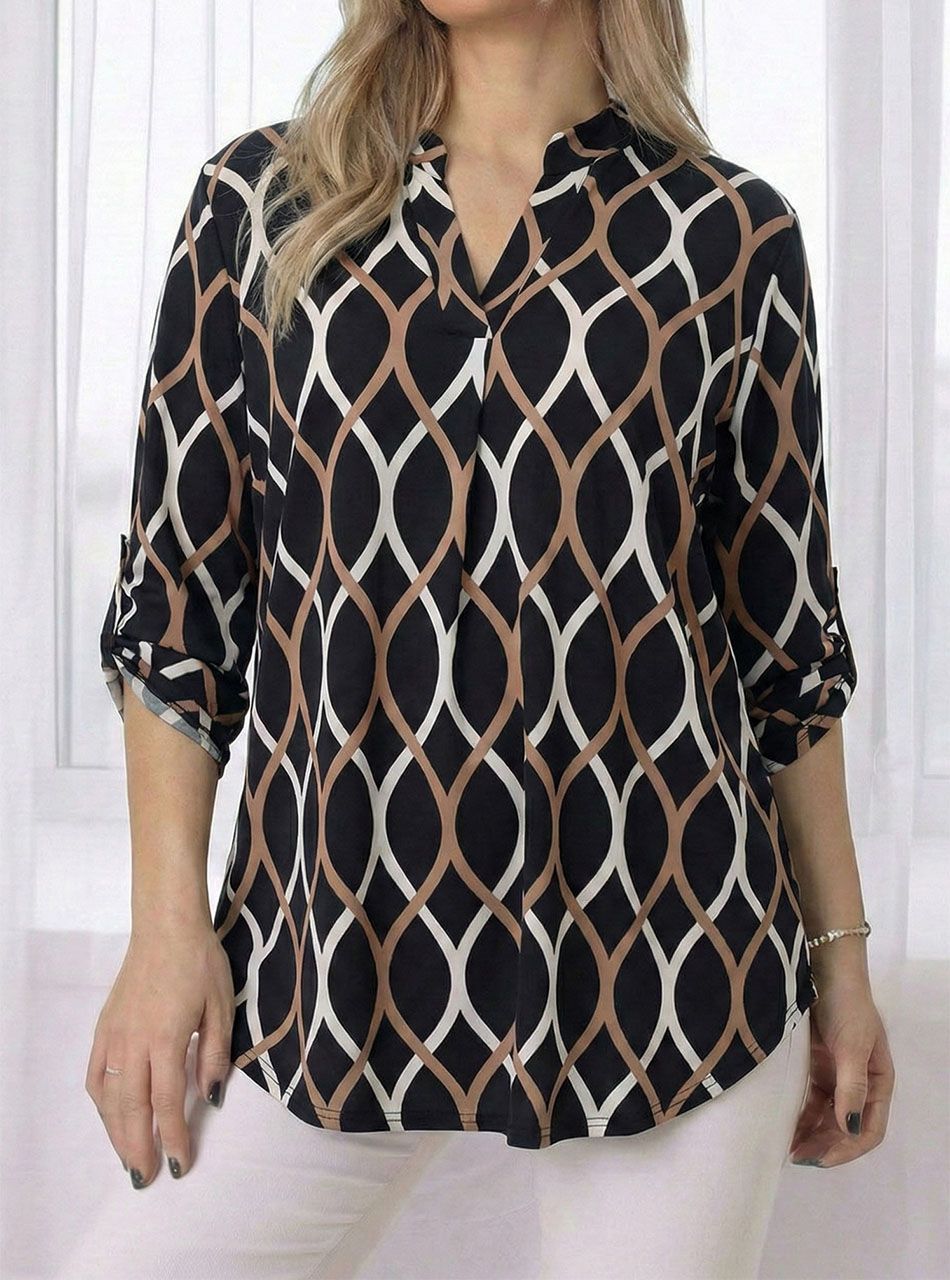 Felgombolható ujjú, V kivágású  mintás felső VII.