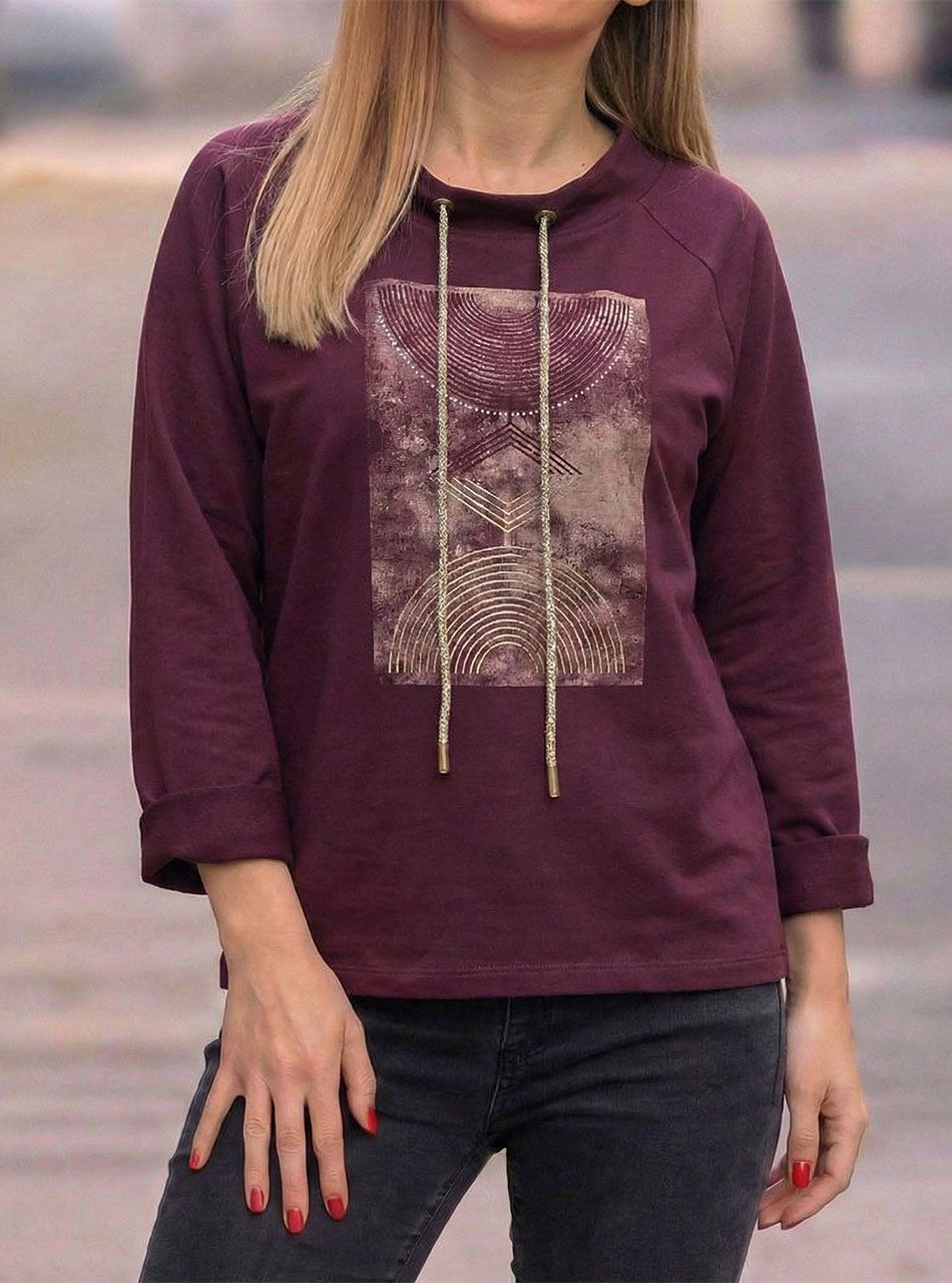 Nyaknál húzható, nyomott mintás felső (padlizsán)