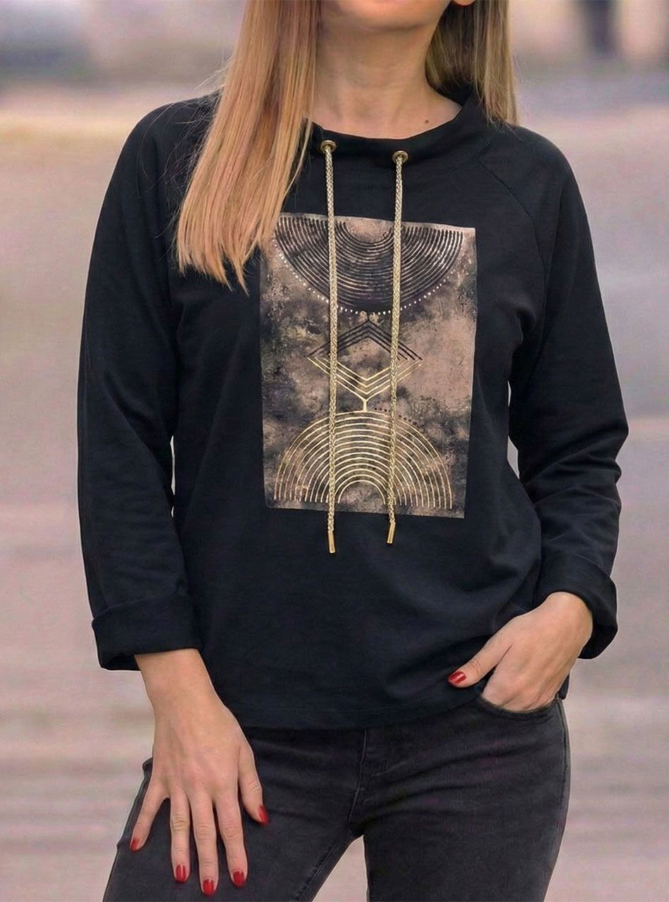 Nyaknál húzható, nyomott mintás felső (fekete)