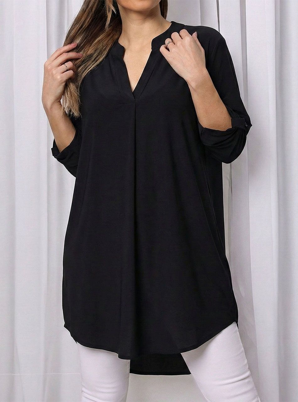 Felgombolható ujjú, V nyakú tunika (fekete)