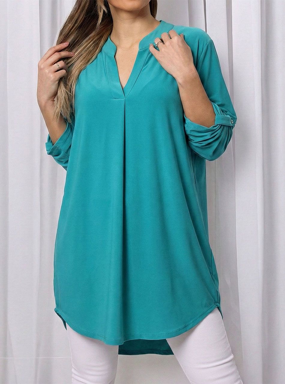 Felgombolható ujjú, V nyakú tunika (türkizzöld)