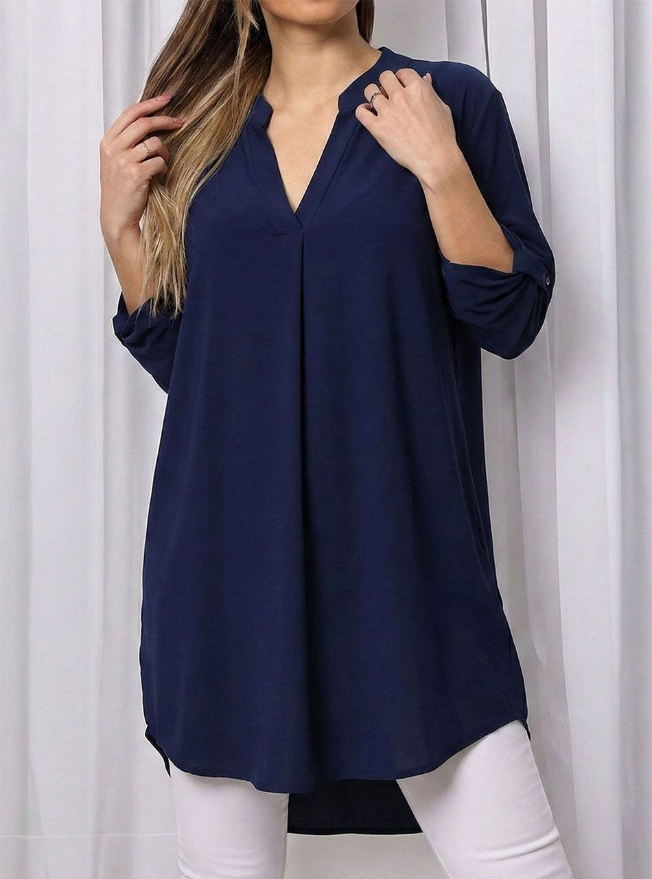 Felgombolható ujjú, V nyakú tunika (sötétkék)