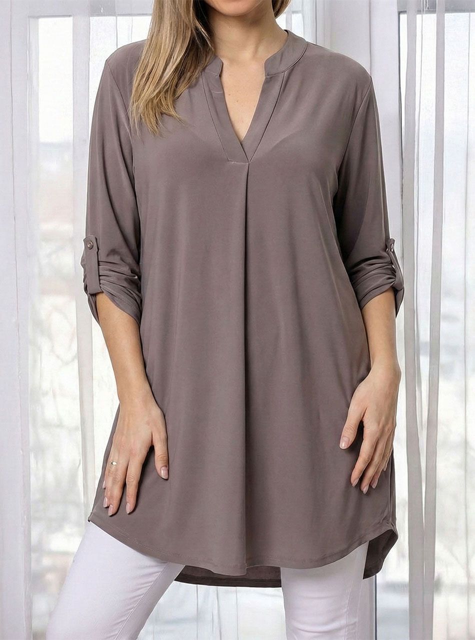 Felgombolható ujjú, V nyakú tunika (tejeskávé)