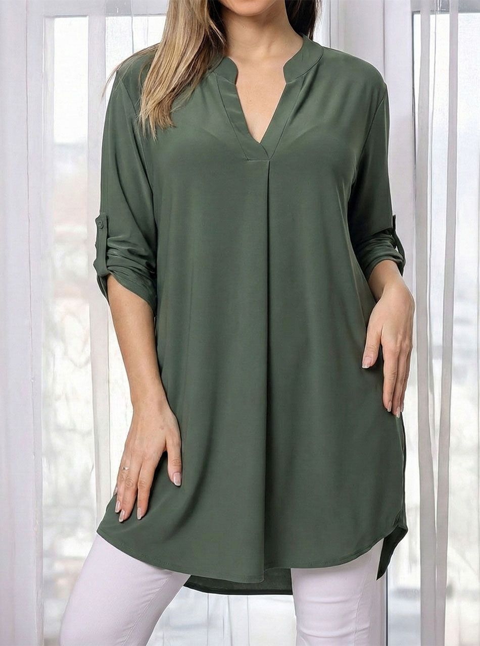 Felgombolható ujjú, V nyakú tunika (kheki)