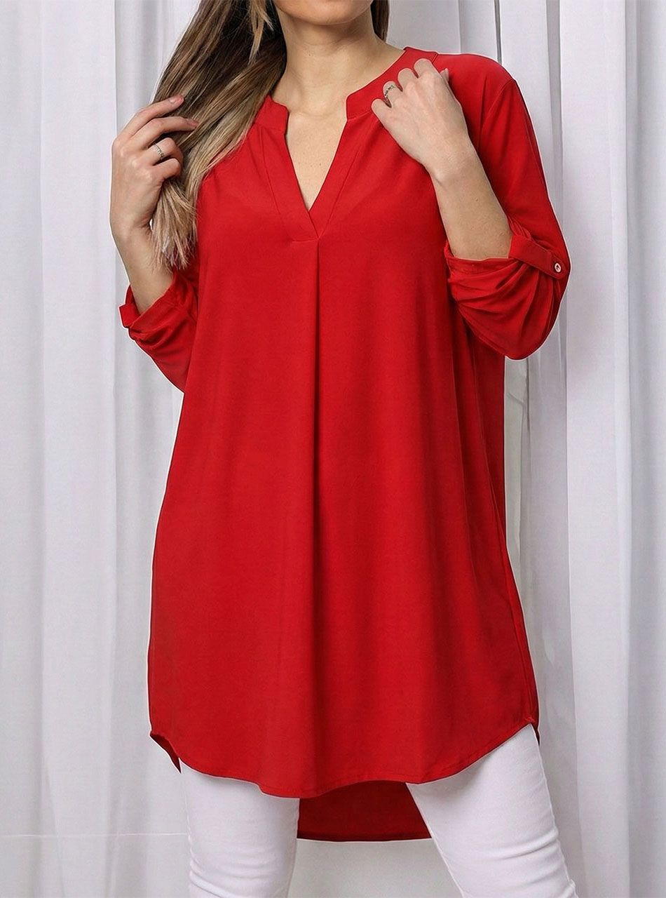 Felgombolható ujjú, V nyakú tunika (piros)