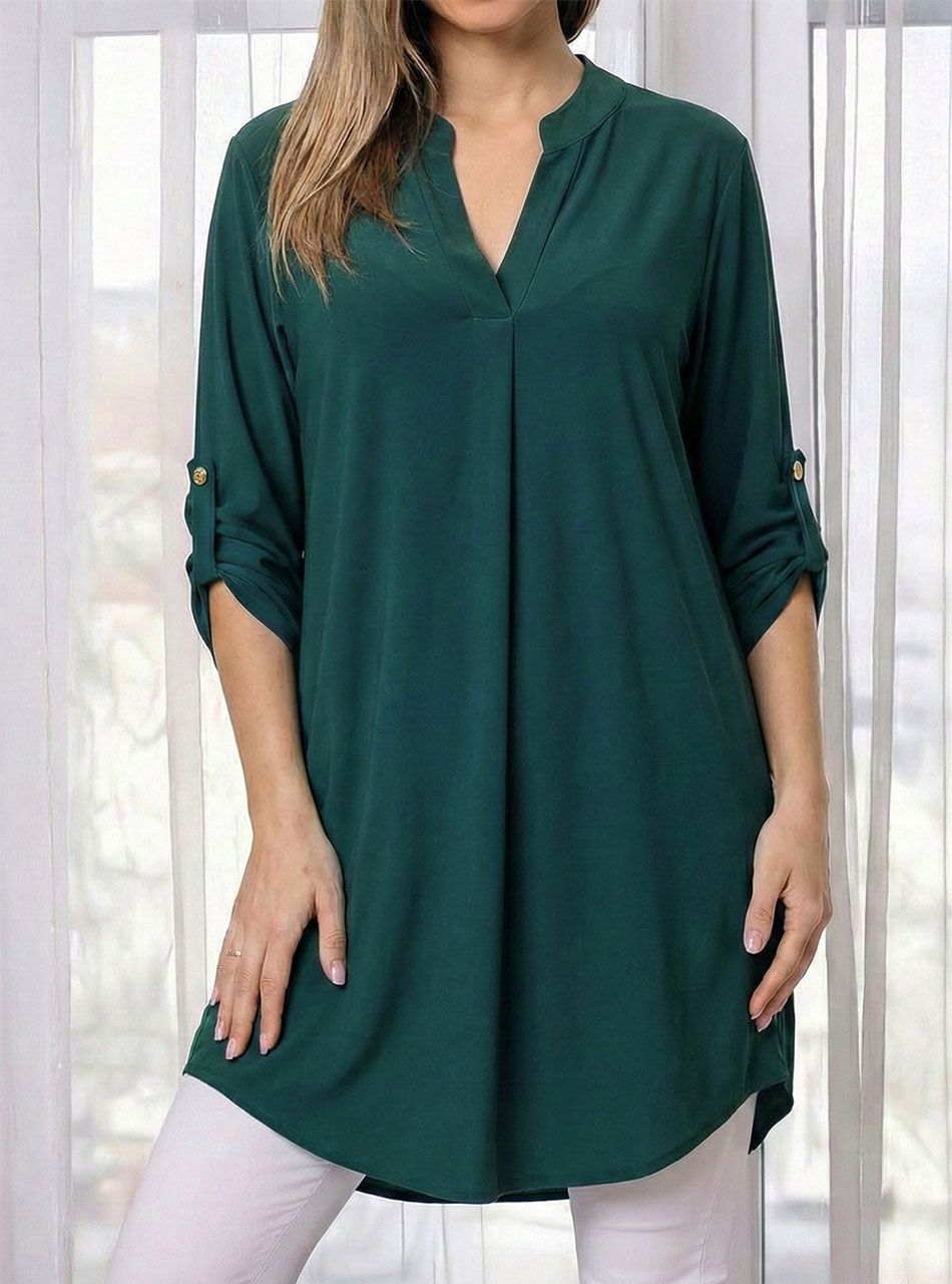 Felgombolható ujjú, V nyakú tunika (sötétzöld)