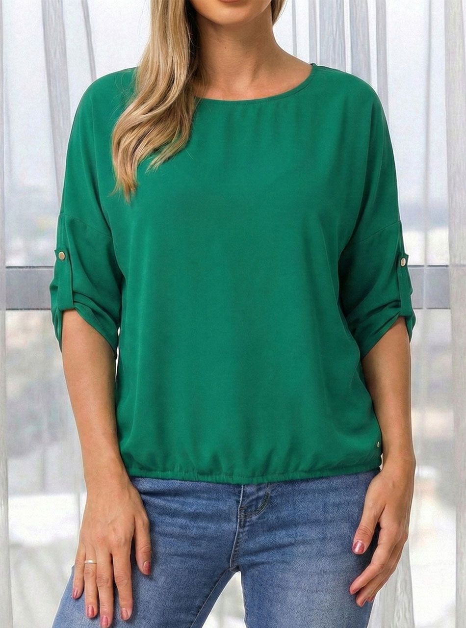 Betty, felgombolható ujjú, gumis aljú felső (zöld)