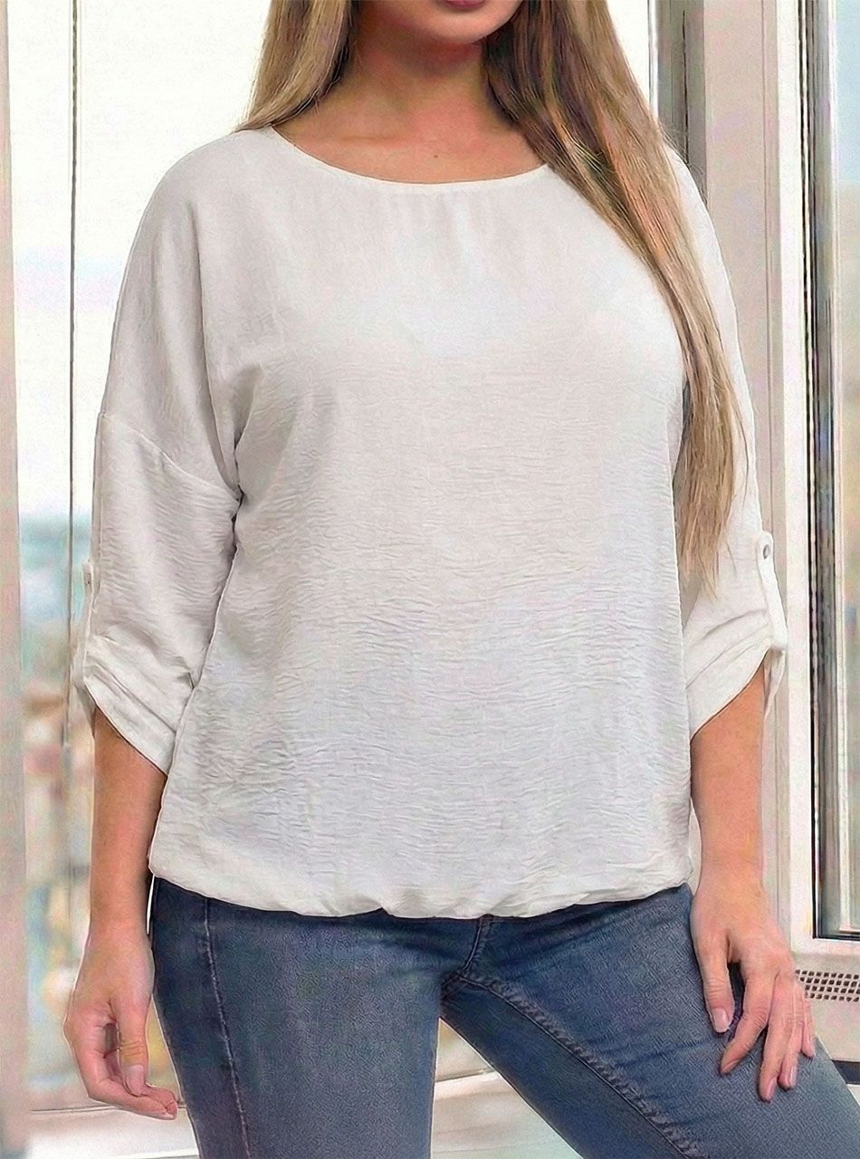 Betty, felgombolható ujjú, gumis aljú felső (fehér)