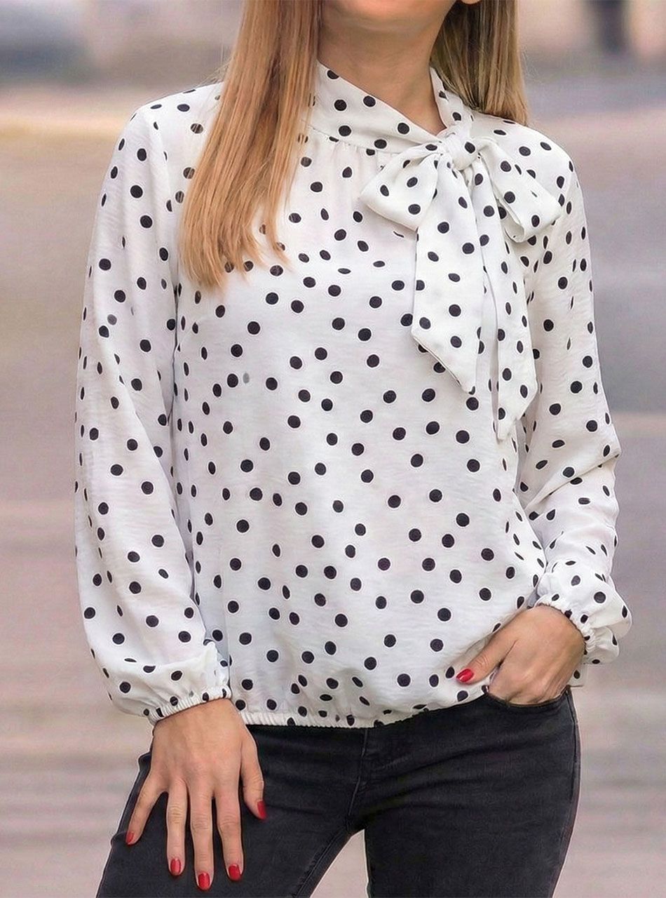 Nyaknál kötős, gumis aljú pöttyös felső (fehér)