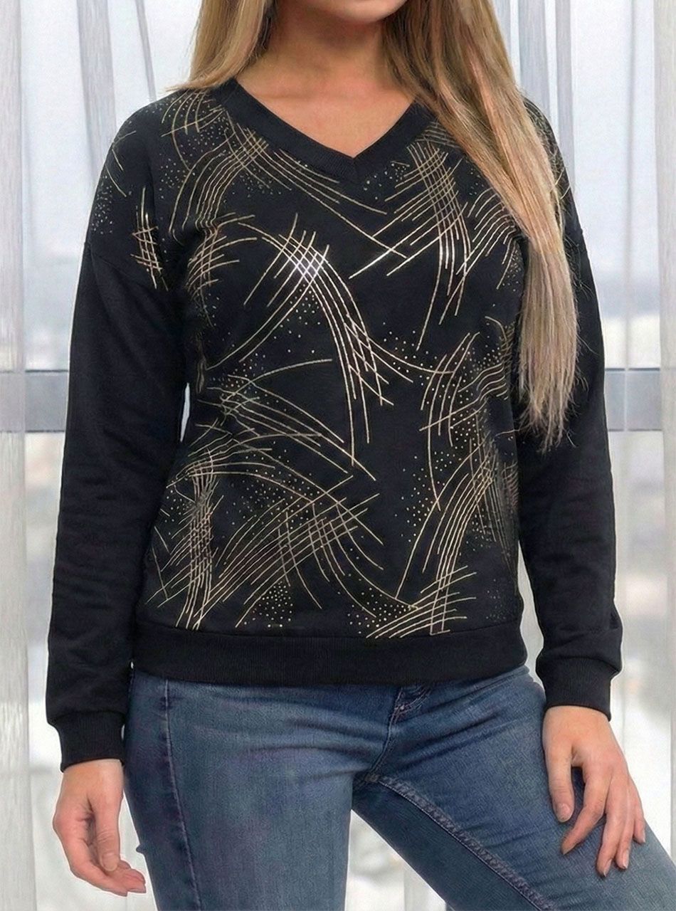 V nyakú, passzés aljú mintás felső (fekete)