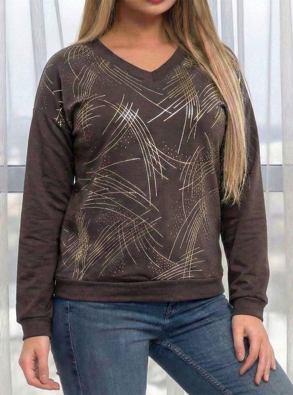 V nyakú, passzés aljú mintás felső (csokibarna)