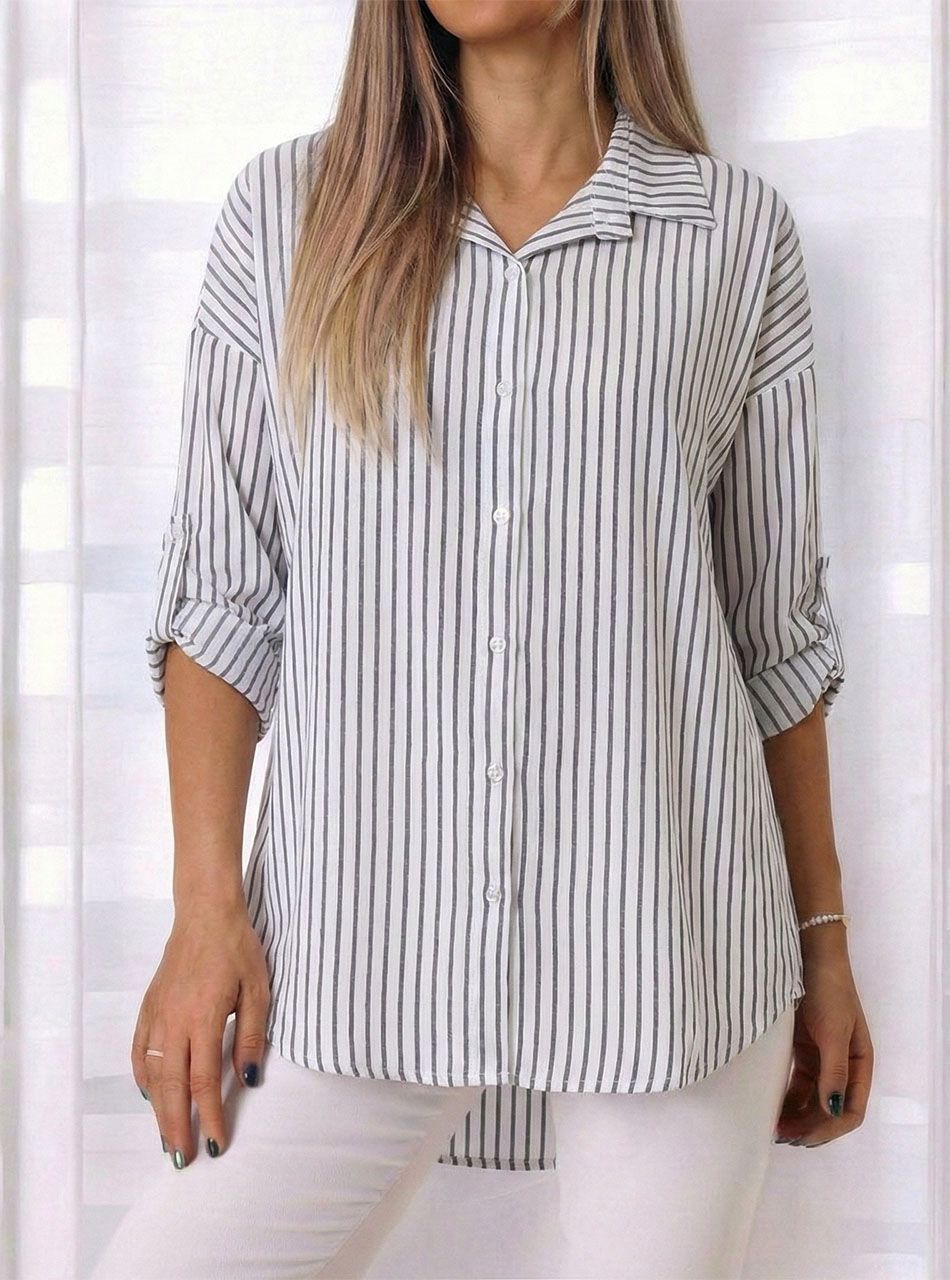 Kerekített aljú, felgombolható ujjú csíkos ingblúz (szürke)
