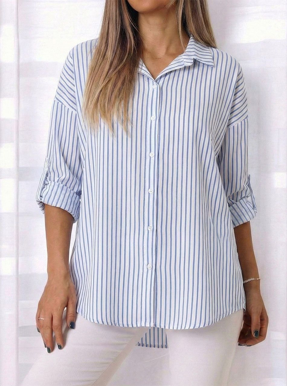 Kerekített aljú, felgombolható ujjú csíkos ingblúz (világoskék)