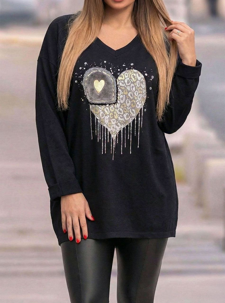 Nyomott mintás, V nyakú laza felső (fekete)