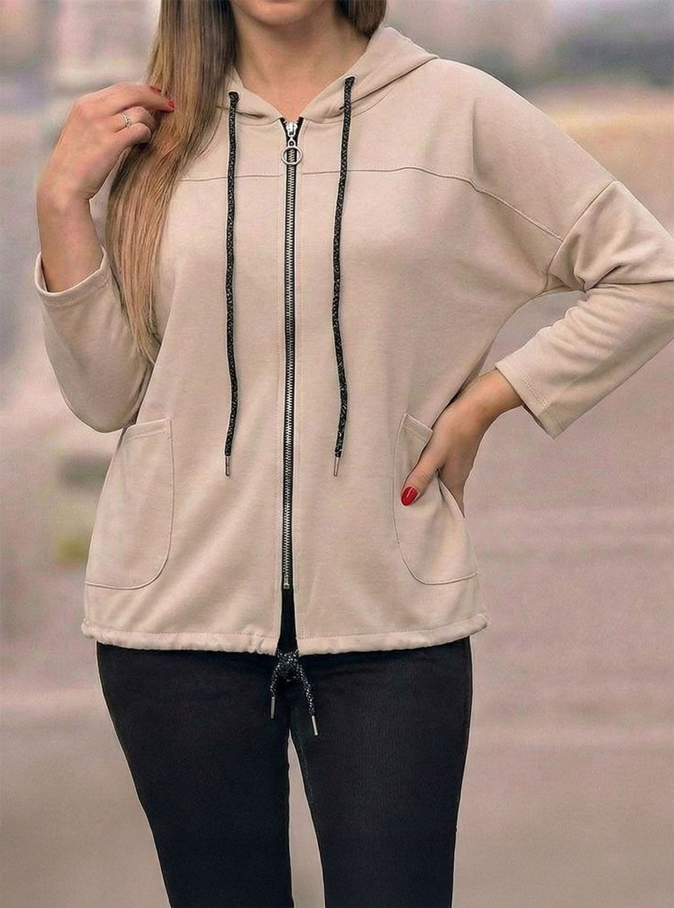 Elöl zsebes, kapucnis cipzáros kardigán (bézs)