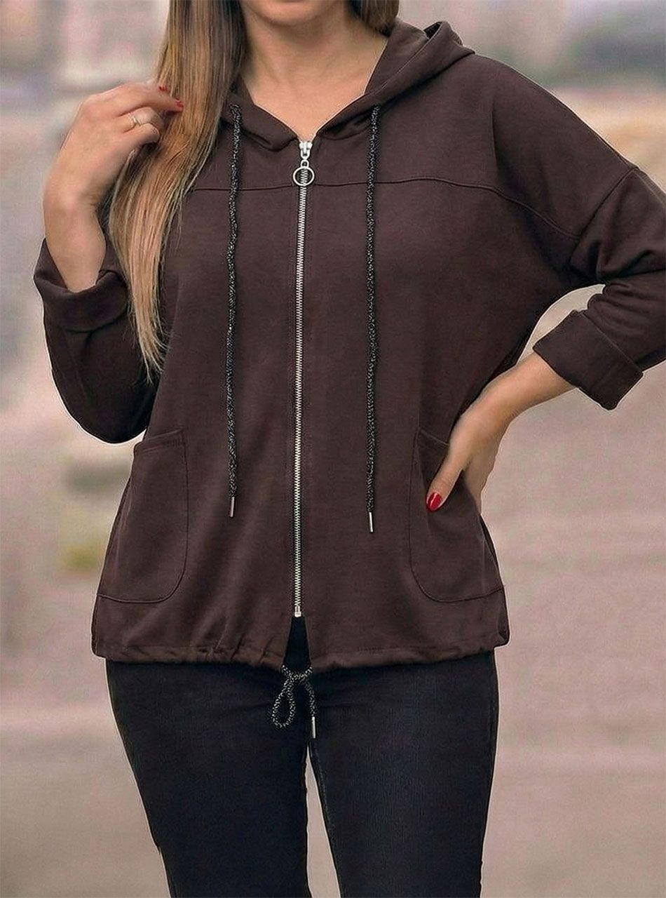 Elöl zsebes, kapucnis cipzáros kardigán (csokibarna)