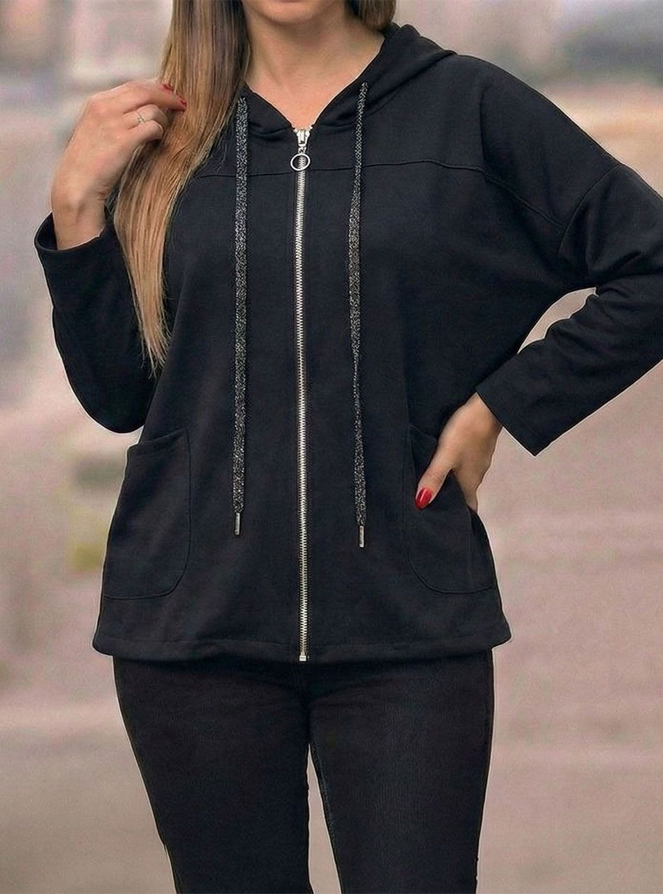 Elöl zsebes, kapucnis cipzáros kardigán (fekete)