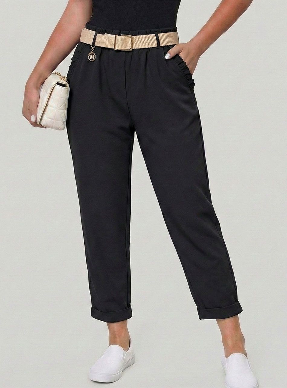 Zsebnél fodros, gumis derekú zsebes nadrág övvel (fekete)