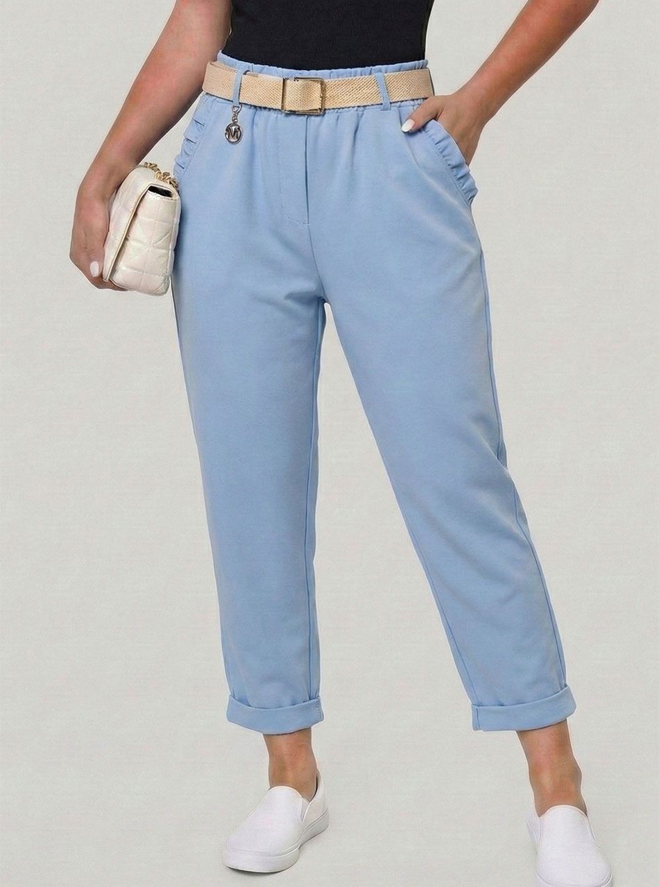 Zsebnél fodros, gumis derekú zsebes nadrág övvel (világoskék)