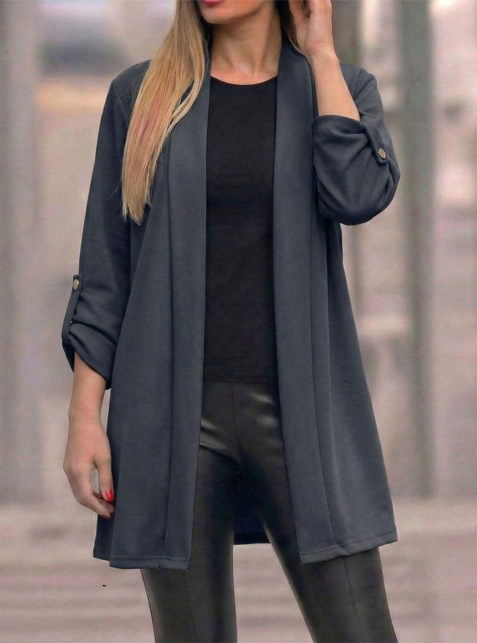 Felgombolható ujjú, zsebes kardigán (sötétszürke)