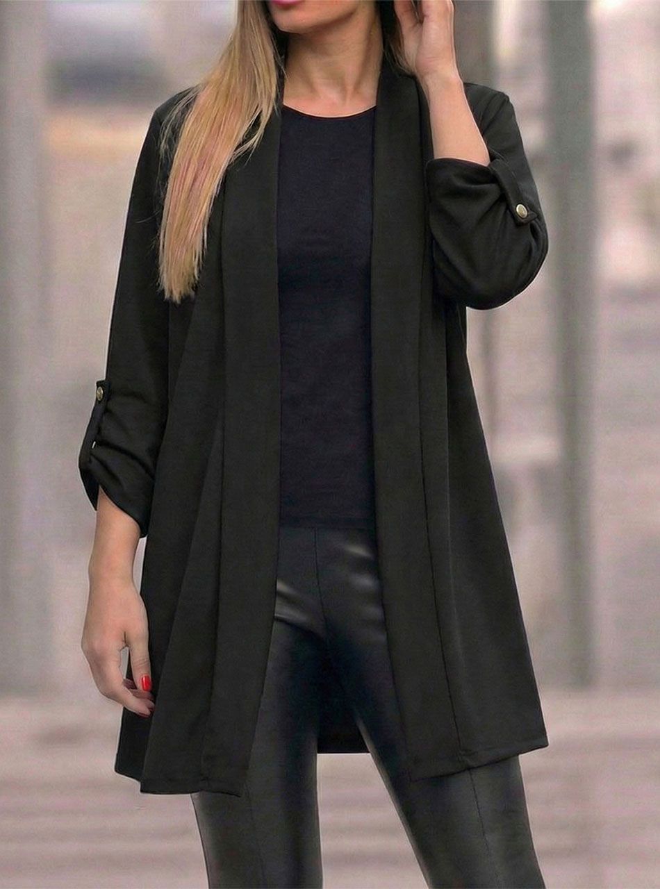 Felgombolható ujjú, zsebes kardigán (fekete)