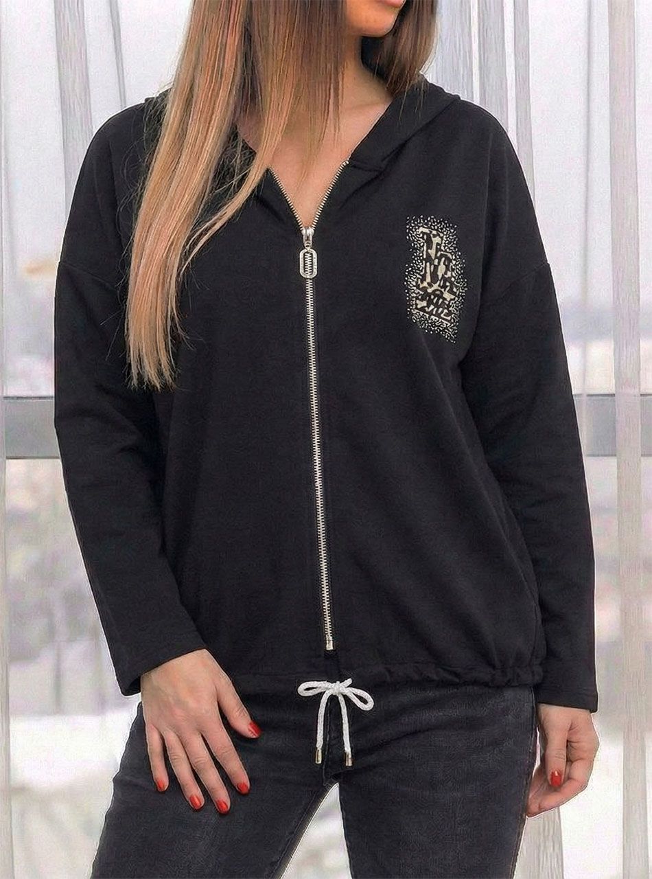 L.A. feliratos-strasszos, kapucnis cipzáros kardigán (fekete)