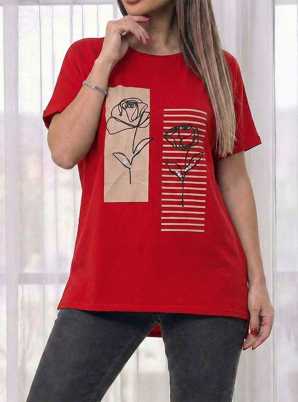 Hímzett, virág mintás gyöngydíszes felső (piros)