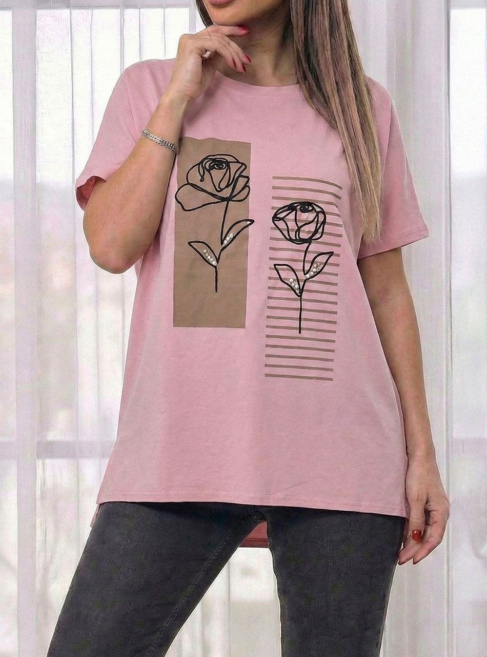 Hímzett, virág mintás gyöngydíszes felső (púder)