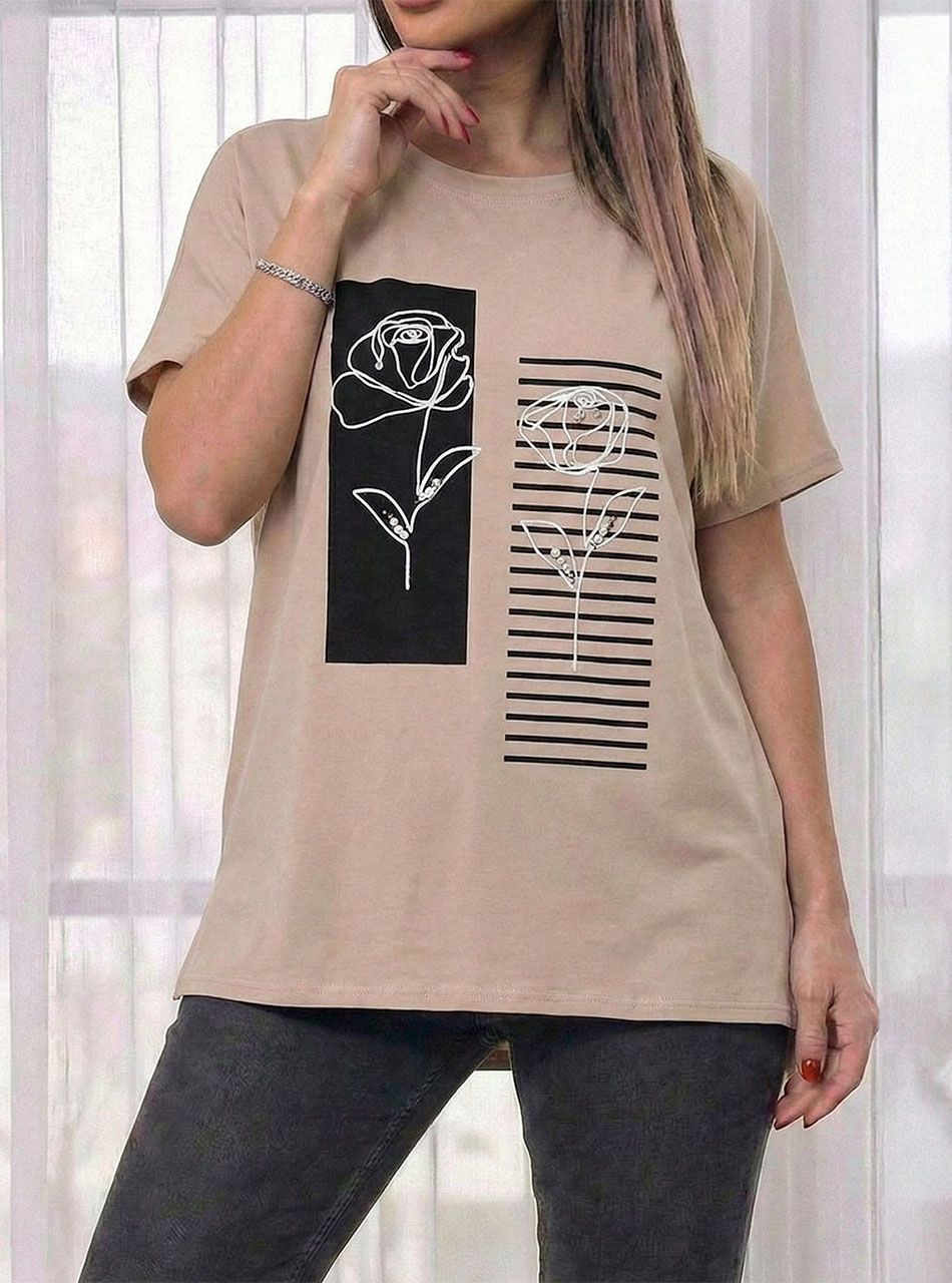 Hímzett, virág mintás gyöngydíszes felső (tejeskávé)