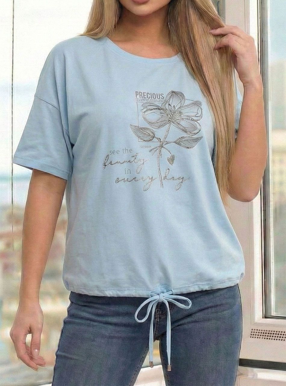 Alján húzható, ezüst virág mintás felső (világoskék)