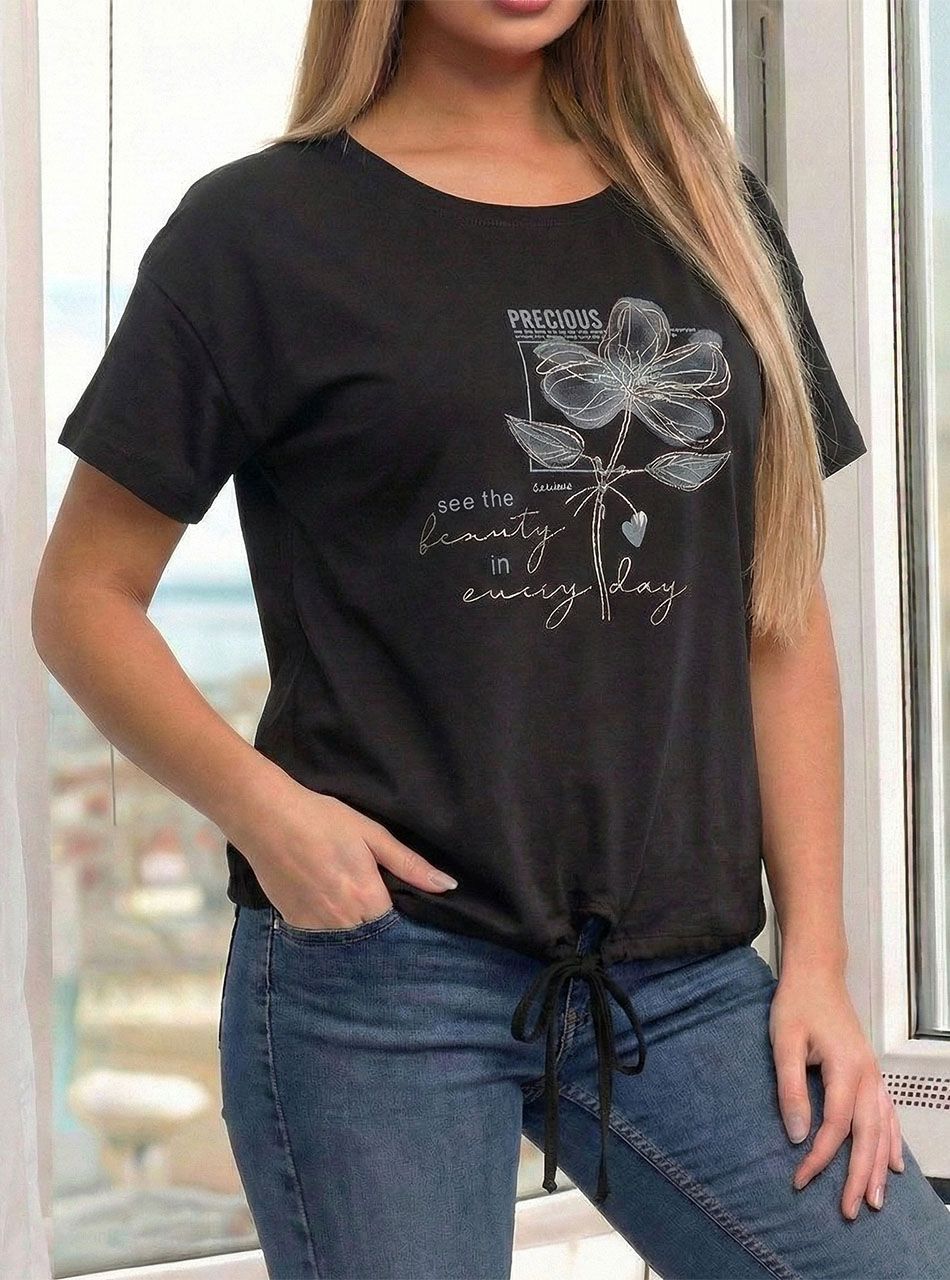 Alján húzható, ezüst virág mintás felső (fekete)