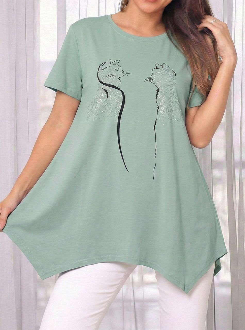 A vonalú, cica mintás felső (vízzöld)