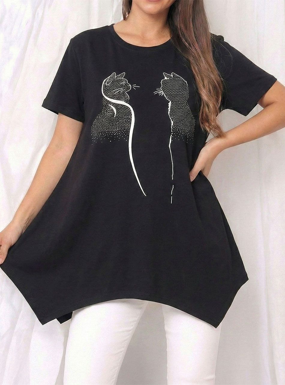 A vonalú, cica mintás felső (fekete)