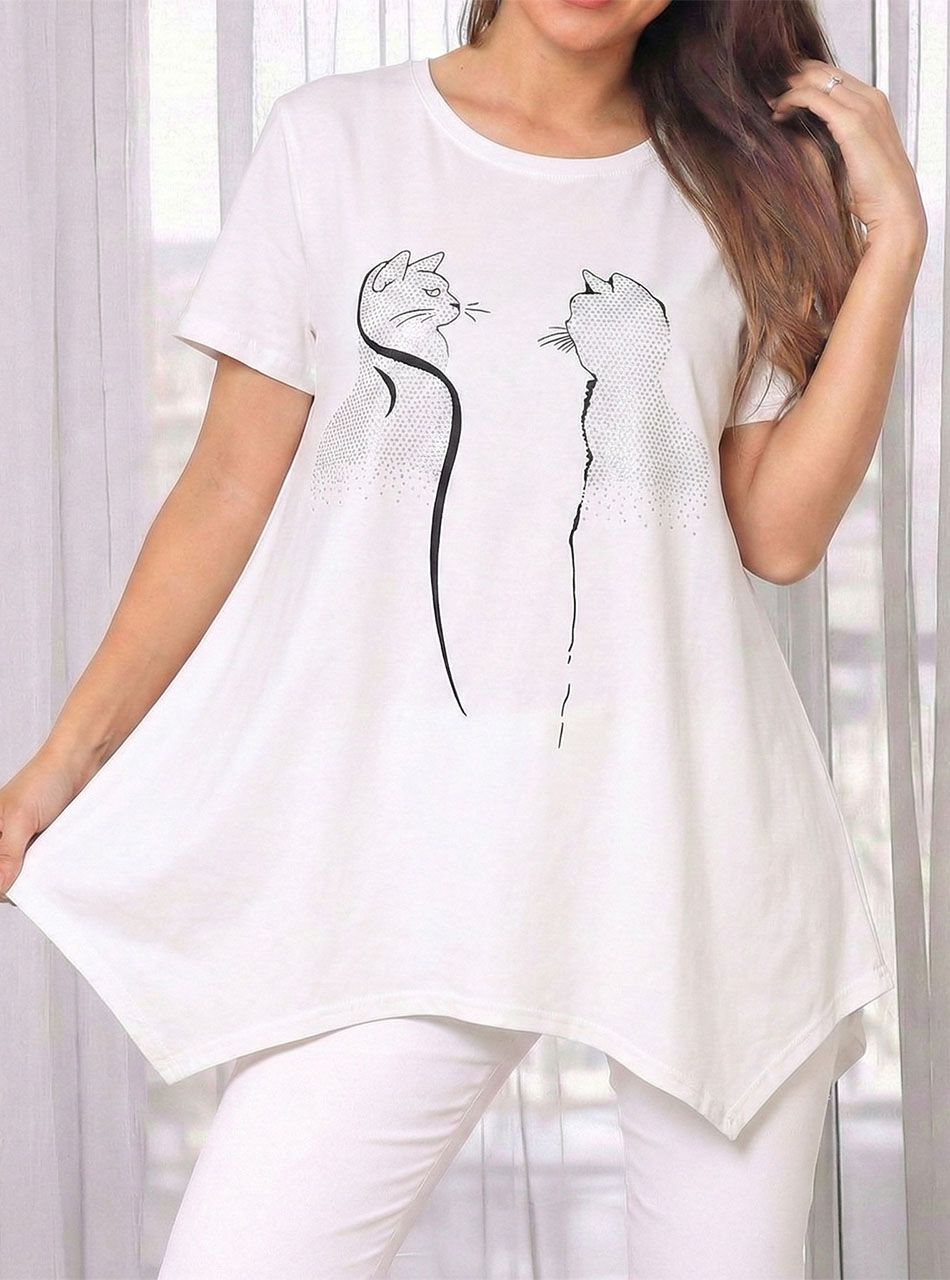 A vonalú, cica mintás felső (fehér)